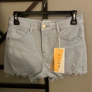 RISEN Mid Rise Raw Hem Ice Blue Denim Shorts